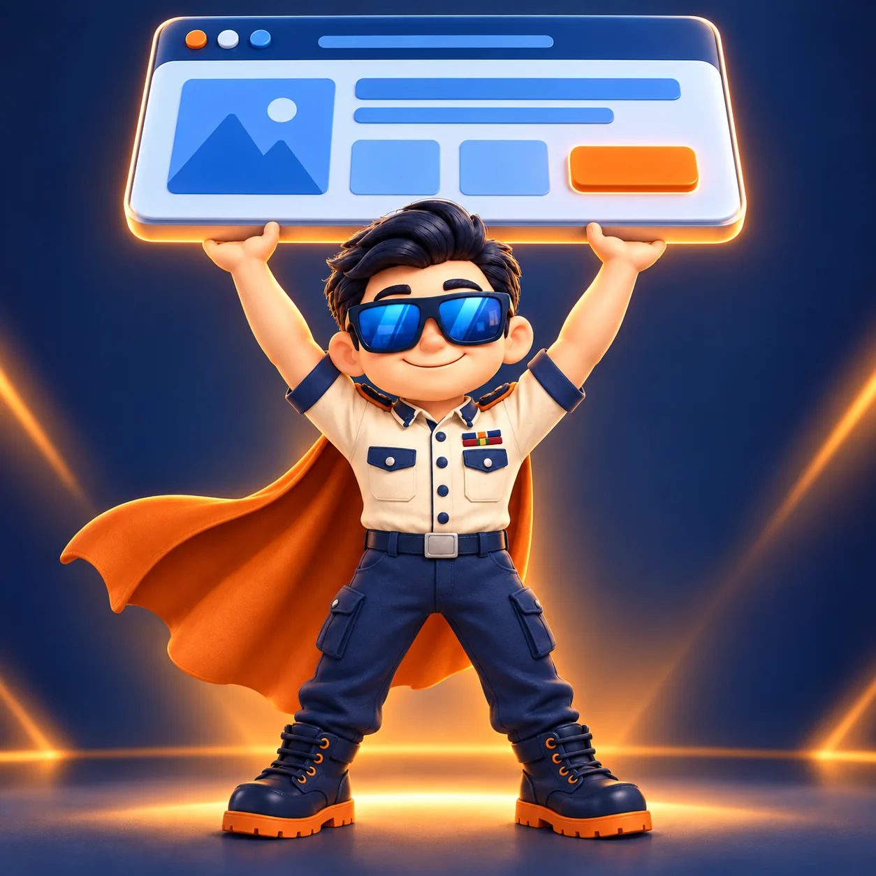 Geek Heros mascot lifting a website panel