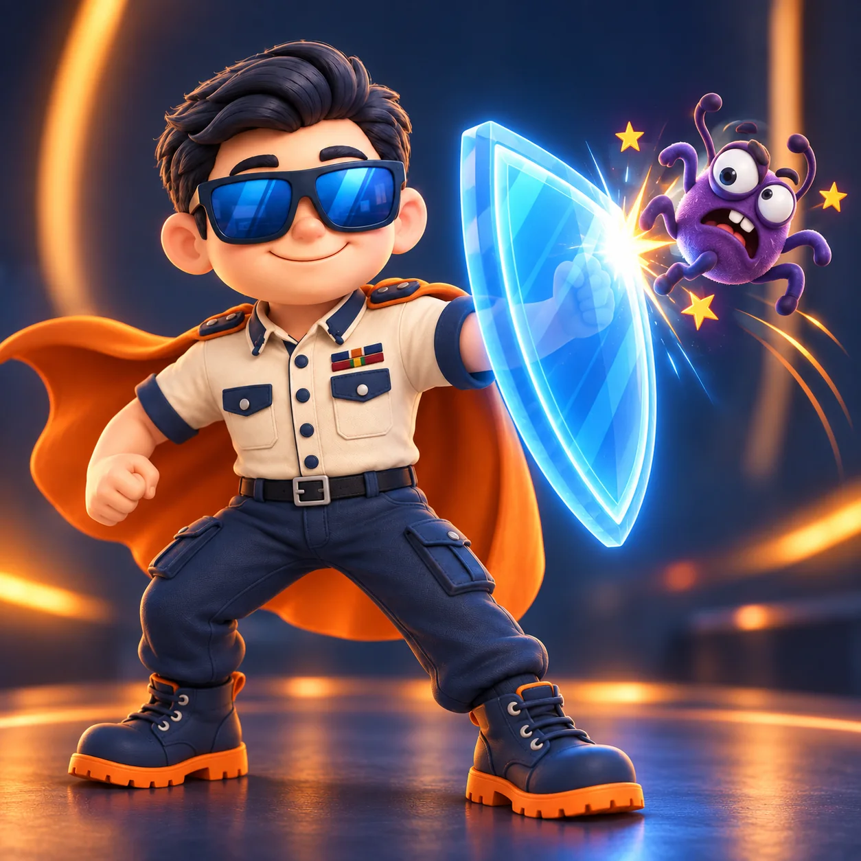 Geek Heros mascot blocking a bug with his shield