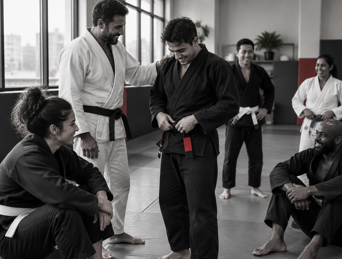 Brazilian Jiu-Jitsu teammates and a coach sharing a relaxed moment after training