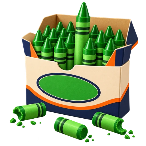 An open box of green crayons with one sticking up and a few bitten crayon pieces beside it.