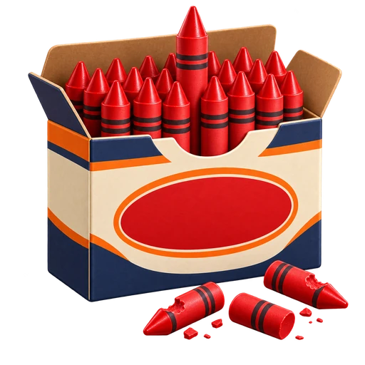 An open box of red crayons with one sticking up and a few bitten crayon pieces beside it.