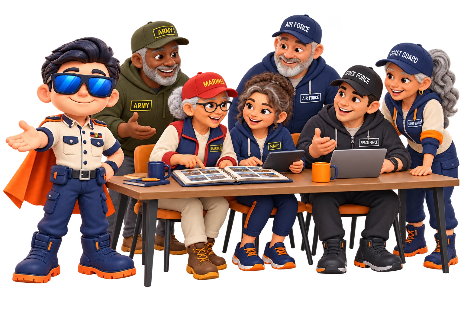 Geek Heros mascots: older veterans from five branches share a scrapbook and ideas with a young Space Force veteran and the original Geek Heros character.