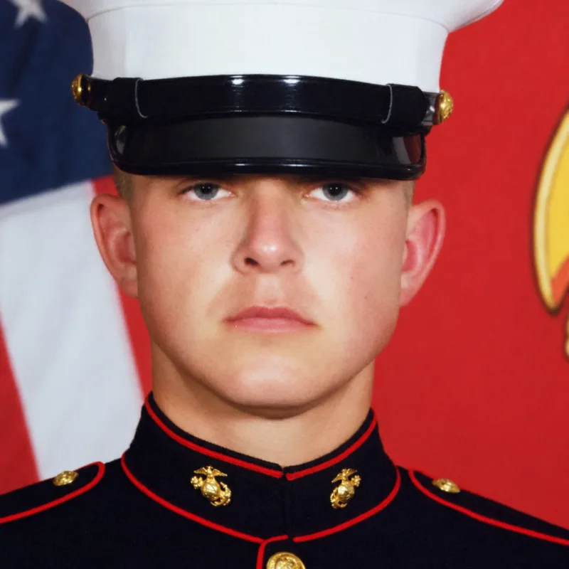 Mike Upton in his Marine Corps dress uniform, restored from his supplied photograph.